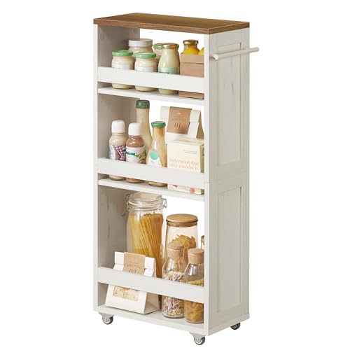 VASAGLE 4-Tier Slim Storage Trolley, Kitchen Trolley with Wheels, Handle, Small Space, 20 x 43.2 x 86.5 cm, Bathroom, Laundry Room, Rustic White and Honey Brown LRC051K01