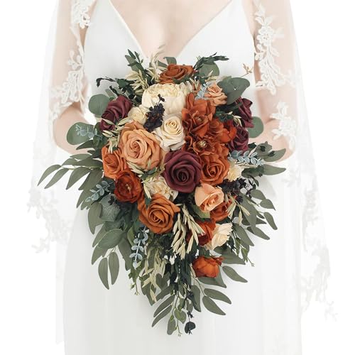 Rinlong Fall Cascading Wedding Bouquets for Bride Burnt Orange Cascade Bridal Bouquet for Wedding Terracotta Artificial Silk Flowers Bouquet