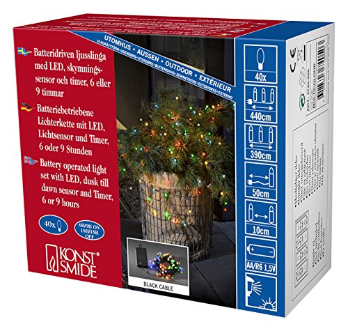 Konstsmide LED Cherry Fairy Lights / (IP44) / Battery Operated: 4 x AA 1.5 V (not Included) / Dusk Till Dawn Sensor 6 and 9 Hour Timer / 40 Multi Coloured Diodes/Black Cable