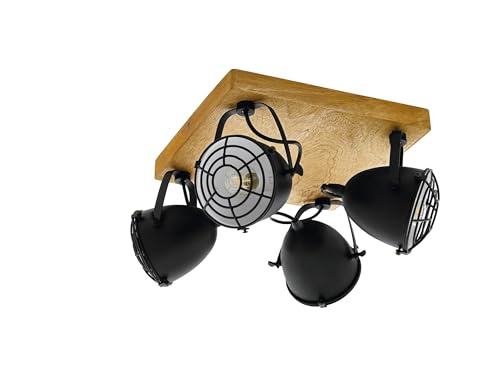 Eglo Gatebeck Ceiling Light, 4-Flame Vintage Ceiling lamp, Industrial Retro Spotlight Made of Black Steel and Natural Wood, Living Room lamp, Kitchen lamp with E14 Socket