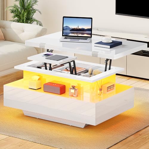 YITAHOME Lift Top Coffee Table, Extendable, With LED, High Gloss, White