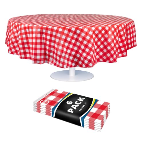 Grandipity Red Gingham Checkered Plastic Table Cloth Disposable (6 Pk) 84in Round Tablecloth Premium Party Table Cloths Disposable - Perfect Table Cloth Round Cover for Any Table Up to 6 Feet