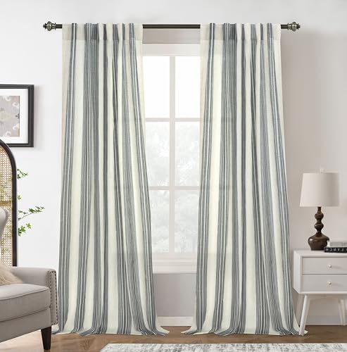 DriftAway Farmhouse Vertical Striped Linen Blend Textured Light Filtering Semi Sheer Curtains for Living Room Bedroom 84 Inches Long Drapes 2 Panels Broad Striped Linen Grey
