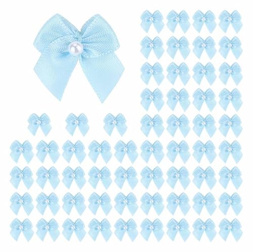 Meseey 60pcs Mini Ribbon Bows with Pearl Ribbon Flowers Appliques DIY Craft for Sewing, Scrapbooking, Wedding, Gift,Christmas Decoration (Pastel Blue)
