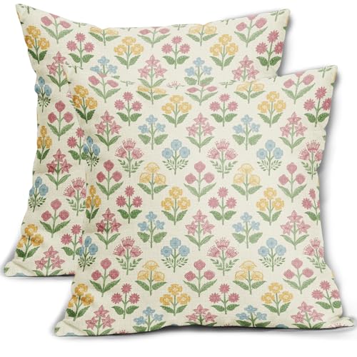Spring Floral Block Print Pillow Covers 22x22 Inch Set of 2, Easter Decoration Pink Yellow Blue Flower Decorative Throw Pillowcases Outdoor Farmhouse Cushion Covers Holiday Sofa Couch Bed Decor