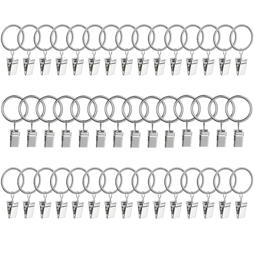 Lansian 44 Pack Curtain Rings with Clips Hooks 1 in Diameter Rustproof - Metal Stainless Steel Drapery Rings for Tension Rod Bracket Eyelets Decorative Hanger, Fits 3/4 in Rods, Shiny Silver