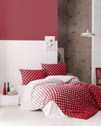 Nuit Des Rêves Premium Ranforce Double Quilt Cover Set (200 x 200 cm), 100% Cotton, Red & White, 2 Pillowcases (80 x 80 cm), Machine Washable, 140 Thread Count, Button Closure