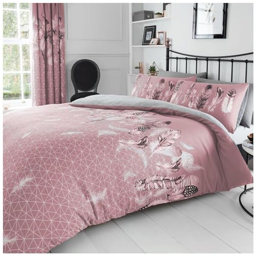 GC GAVENO CAVAILIA Feather Duvet Cover, Polycotton King Size Bedding Sets, Reversible Quilt Cover With Pillowcases, Pink, 3 Pieces