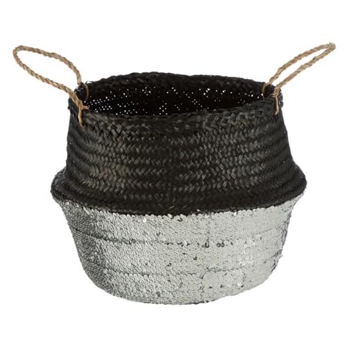 Premier Housewares Black And Natural Medium Seagrass Basket Sustainable Seagrass Loop Handles Natural Toned Stylish Design 35 x 32 x 35 cm