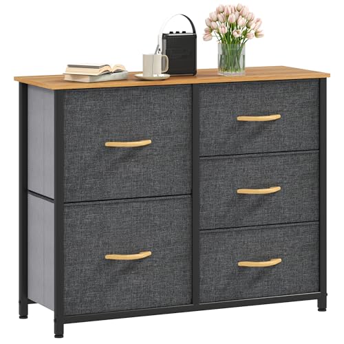 DWVO Chest of Drawers, Fabric Chest of Drawers, Bedroom Cabinet with 5 Drawers,Dresser for Bedroom,Living Room With Handles,Wood Top and Sturdy Steel Frame, Dark Grey
