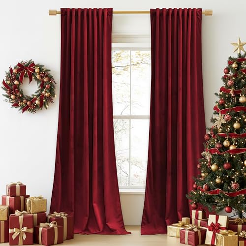 StangH Red Velvet Curtains for Living Room 120 inches Long, Christmas Decor Back Tab Thermal Insulated Room Darkening Privacy Protect Drapes for Bedroom Home Theater, W52 x L120, 2 Panels
