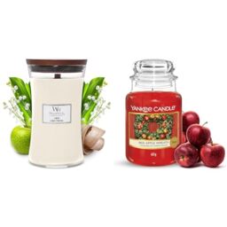 Woodwick Large Hourglass Scented Candle - Linen - with Crackling Wick - Burn Time: Up to 130 Hours Glass & Scented Candle - Red Apple Wreath Large Jar Candle - Long Burning Candles: up to 150 Hours