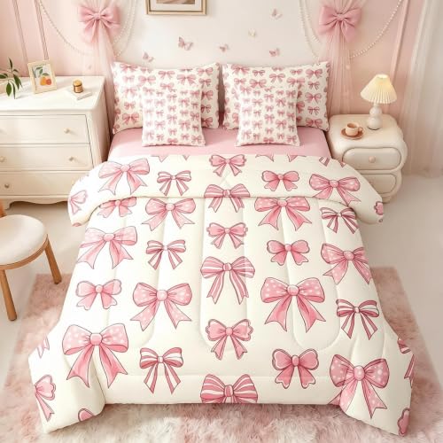 7 Piece Bow Bedding Set,Twin Size Cute Bowknot Comforter Set With Sheets for Kids And Adults,Dreamy Coquette Bed In A Bag Cute Dots Striped Sheet Set With Fitted Sheet,Pillowcases & Pillow Covers