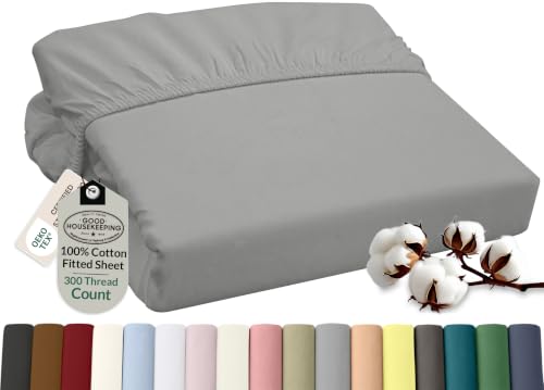 ROYALE LINENS 300 Thread Count 100% Long Staple Combed Cotton Fitted Sheet - Super Soft Deep Pocket Bottom Sheet -Silver Fitted Sheet Twin Size - Twin Fitted Sheet Only - Elastic Sheet (Twin, Silver)