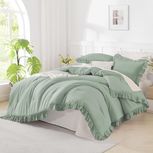 Andency Green California King Comforter Set, 3 Pieces Shabby Chic Bedding - Ruffle Solid Cal King Bedding Sets, Oversized All-Season Soft Lightweight Down Alternative Bed Set for Adults