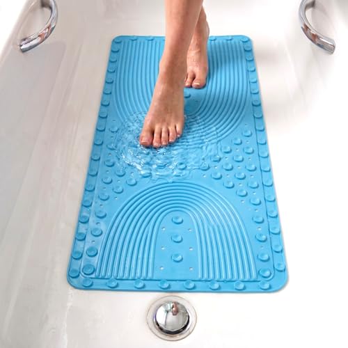 edihome, Non-Slip Bath Mat, 90 x 41.5 cm, Shower Mat, Non-Slip Shower Mat, Bubbles with Suction Cups, BPA-Free, Antibacterial, Mildew Resistant, Family Safety (Blue, 90 x 41.5 cm)