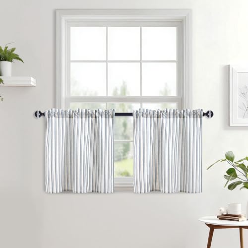 JIUZHEN Farmhouse Striped Linen Kitchen Curtains 2 Panels - Short Tier Drapes 24 Inch Length, Rod Pocket Rustic Window Treatment for Bathroom Living Room, Vertical Striped Blue