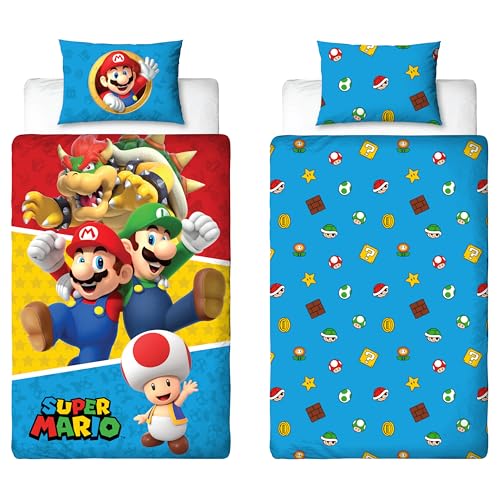 Nintendo Super Mario Official Single Duvet Cover Set, Splitter Design - Reversible 2 Sided Bedding Cover Official Merchandise Including Matching Pillow Case - Single Bed Set - Polycotton