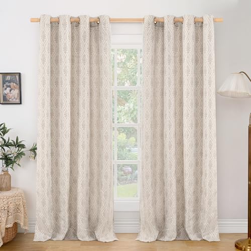 BGment Camel Curtains for Living Room 96 Inches Long, Natural French Country Curtains Sheer Linen Grommet Window Drapes Boho Leaf Jacquard Patterned for Farmhouse Bedroom, 2 Panels Set, 52 x 96 Inch