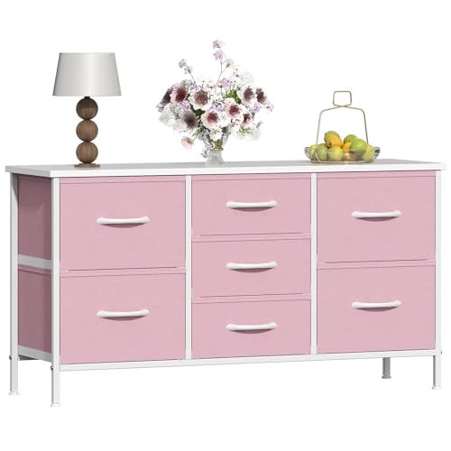 GoaHi Chest of Drawers, Small Dressers with Metal Frame and MDF Wooden Top Board, Adjustable Feet, Anti-Tip Safety, Storage Unit with 7 Drawers for Bedroom, Living Room, Closet, Office Pink
