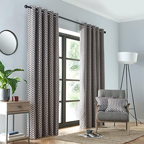 "Fusion - Prado - Jacquard Pair of Eyelet Curtains - 66"" Width x 54"" Drop (168 x 137cm) in Grey/Terracotta"