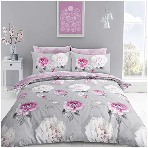 Super Dreamer Floral Duvet Cover With Fitted Sheet & Pillow Case, Poly Cotton Complete Bed Set, Blossom Bedding & Linen, Grey/Blush Pink, Single