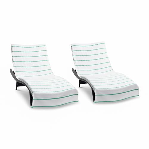 Arkwright Las Rayas Chaise Lounge Cover - (Pack of 2) 100% Cotton Terry Towel Pool Chair Covers for Outdoor Beach Furniture, 30 x 85 in, Green