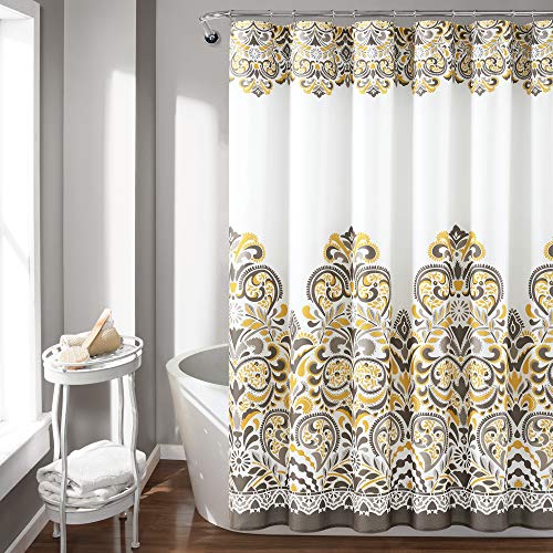 Lush Decor Clara Shower Curtain-Fabric Colorful Boho Paisley Damask Print Design, 72 x 72 Yellow and Brown