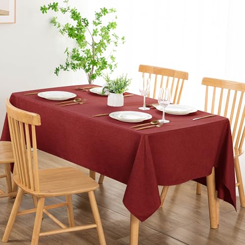DWCN Table Cloth Rectangle - Faux Linen Fabric Waterproof Spill-Proof Wrinkle and Stain Resistant Tablecloths Decorative Farmhouse Table Cover for Kitchen Dining Party, 60 x 84 Inch, Red
