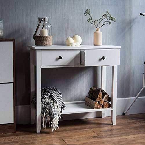 Vida Designs Windsor 2 Drawer Console Table - White - Living Room Furniture - 74H x 80W x 30D cm - with Undershelf - Large Capacity Storage