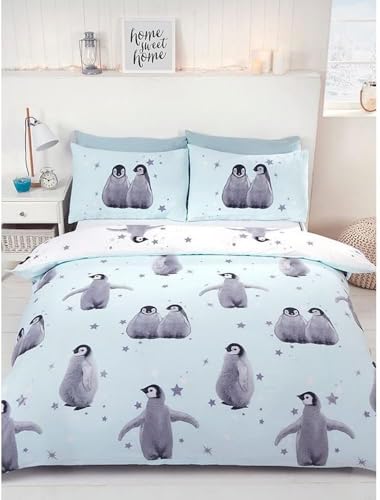 Rapport Home Starry Penguins King Duvet Cover Set - Cute Ice Blue Reversible Bedding for Kids & Teens - Soft Polyester-Cotton Blend