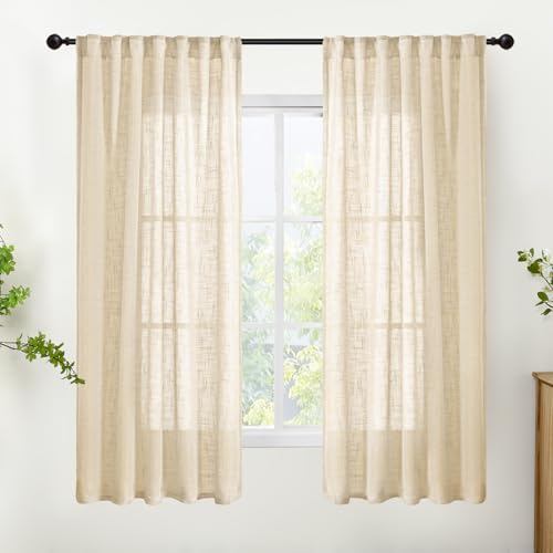 YoungsTex Natural Linen Semi Sheer Curtains 63 Inch Length, Light Filtering Drapes Textured with Rod Pocket Back Tab for Bedroom Living Room Window Lightweight, 2 Panels, 42 X 63 Inch