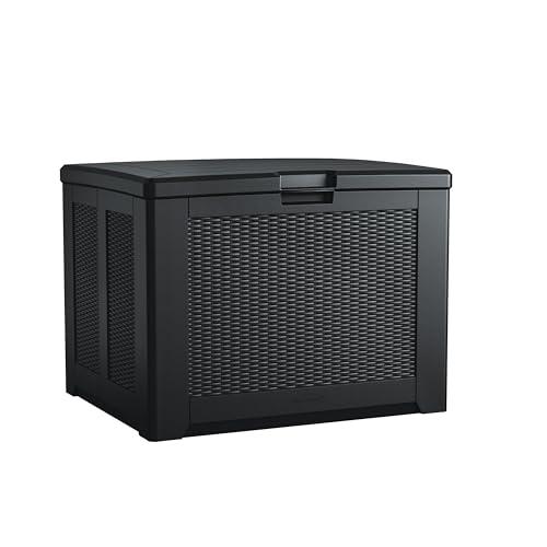 Rubbermaid Medium Resin Outdoor Storage Deck Box, 74 Gal., Charcoal, with Decorative Basketweave Pattern for Home/Garden/Patio/Pool/Back-Yard/Lawn