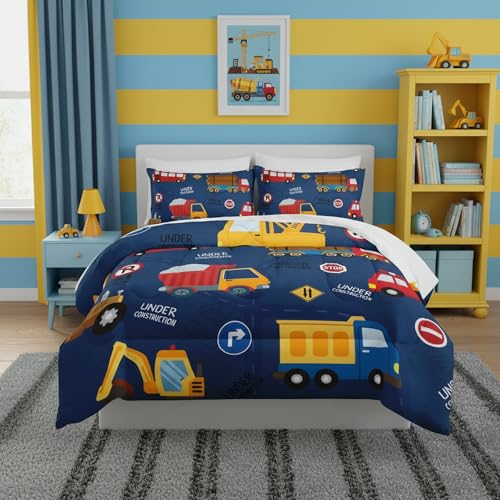 Construction 7 Pieces Comforter Set Queen Size,Excavator Bedding Set for Kids Teens Boys-Include 1 Comforter,1 Fitted Sheet,1 Flat Sheet,2 Printing Pillowcases and 2 White Pillowcases