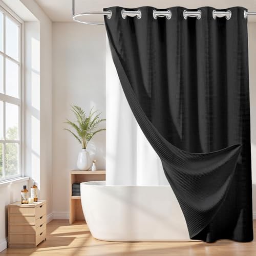 River Dream Cotton Blend No Hook Shower Curtain with Liner, Black, 71x86 - Extra Long, with Snap in Liner, Heavyweight Waffle Fabric, Hotel Grade for Bathroom, Water Repellent, Corner Magnets