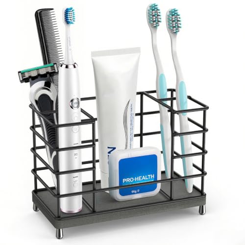 Toothbrush Holder with Quick Drying Mat???Toothbrush and Toothpaste Holders for Bathrooms???5 Slots Openwork Design Black Toothbrush Holder Set,Bathroom Counter Organizer for Electric Toothbrush