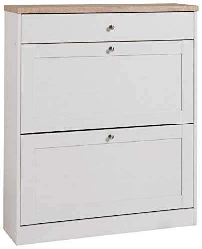 HEIDE Shoe Chest with 2 Flaps and 1 Drawer in White Sonoma Oak, 90 x 25 x 103 cm (W x D x H)