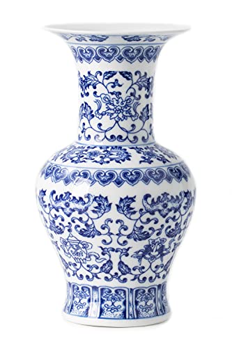"Chinoiserie Ceramic Vase, Blue and White Porcelain, 10"" - Home Décor for Living Room, Bookshelf, Mantle Fireplace, Table Centerpieces"
