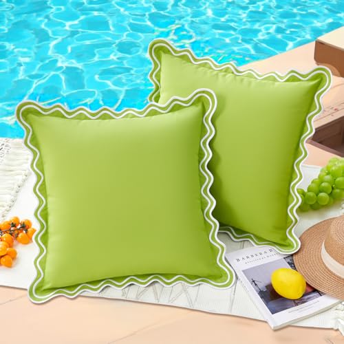 JOJOGOGO 18x18 Sage Green Scalloped Outdoor Throw Pillow Covers Waterproof & Sunproof Set of 2, Embroidered Green Preppy Boho Decorative Outdoor Throw Pillows for Front Porch & Patio Furniture Decor