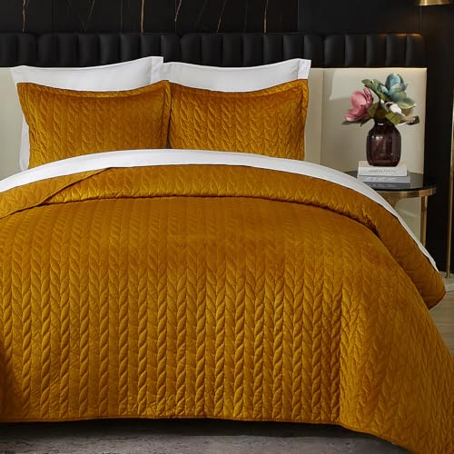 Ivellow Velvet Quilt Queen Size Ultra Soft Lightweight Velvet Comforter Set Oversized Bedspread Coverlet Full for All Season 3Pcs Luxury Quilted Bedding