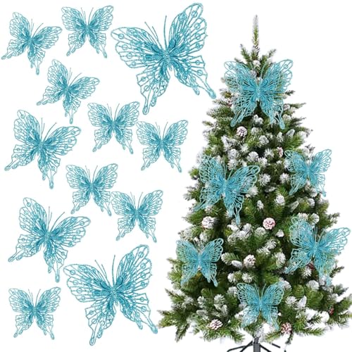 Blue Christmas Tree Butterfly Ornaments Glitter Butterfly Decorations Artificial Butterflies with Clip & Stem for Xmas Party Wreath Garland Decor - 12-Pack 5inch 3D Hollow Butterflies
