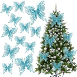 Blue Christmas Tree Butterfly Ornaments Glitter Butterfly Decorations Artificial Butterflies with Clip & Stem for Xmas Party Wreath Garland Decor - 12-Pack 5inch 3D Hollow Butterflies