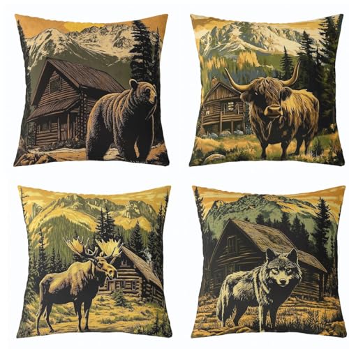 "Feelyou Bear Throw Pillow Covers Set of 4 Rustic Bear Cushion Case Deer Hunting Decor Pillowcase Wolf Cow Farmhouse Yellow Green Black 20""X 20"" Indoor Outdoor"
