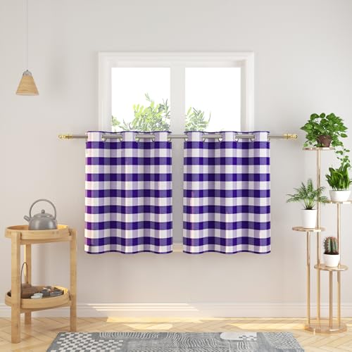 Natus Weaver Tier Curtains 30 inches Long Buffalo Check Gingham Plaid Kitchen Window Curtain Panels Small Short Bathroom Grommet Top Window Treatment 2 Panels Purple and White