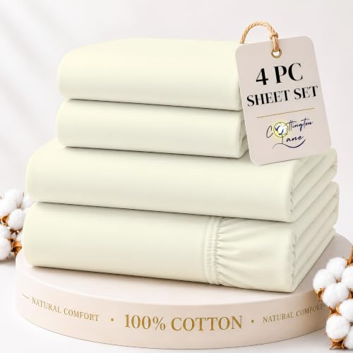 Cottington Lane 100% Cotton Olympic Queen Sheet Set, 4 PC Light Ivory Luxury Hotel Quality Sheets, Deep Pocket Fits 8-16 Inch Mattress, Soft, Durable, Cooling & Breathable Bedding for Super Queen Bed
