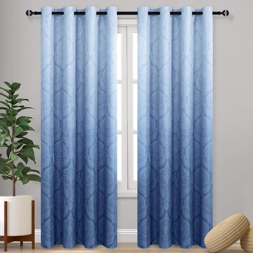 DWCN Navy Blue Room Darkening Blackout Curtains for Living Room - Extra Long Ombre Luxury Damask Patterned Thermal Insulated Grommet Drapes for Bedroom, Office, 52 x 90 Inch Length Long, 1 Pair