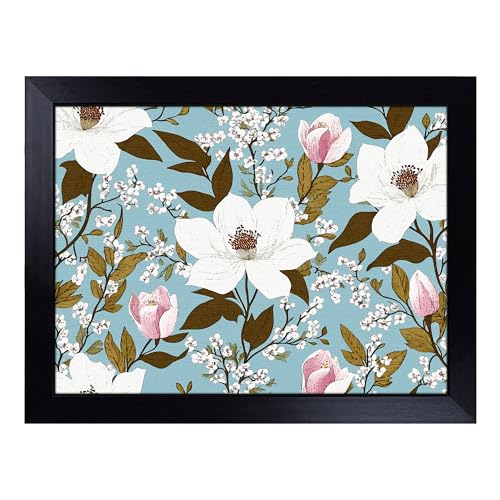 Lap Tray with Bean Bag Cushion, Magnolia Flower Pattern - Handmade in the UK, Raised Wooden Edge, Padded Cushion, Heat-Resistant Wipe-Clean Surface, for Meals, Laptops and Crafts