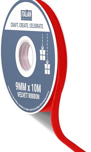 Italian Options Velvet Ribbon, Luxury, Single-Face Velvet Ribbon for Crafting, Christmas, Bows, Hair, Cakes, Weddings, Ornaments, Gift Wrapping, Flowers, 9mm x 10 Metre Roll, Red