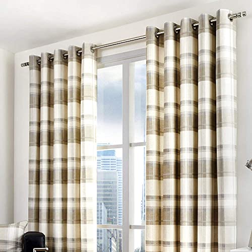 "Fusion - Balmoral Check - 100 Percent Cotton Pair of Eyelet Curtains - Natural, Curtains: 66"" Width x 72"" Drop (168 x 183 cm), Nautral"
