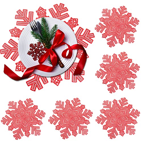 Snowflake Placemats Set of 6, Rouhuhura Christmas Placemats Decorations Snowflake Tablemats Hollow Out Design Round Vinyl Place Mats Dining Table Setting Kitchen Table Mats for Christmas Wedding(Red)